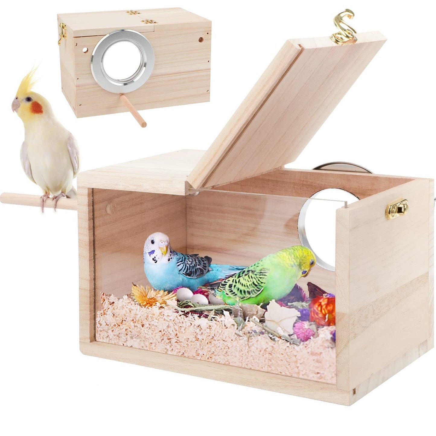 Parakeet Nesting Box Transparent Design, Bird Nest Breeding Box with Wood Bird Cage House for Cockatiel Lovebirds Finch Parrotlets Canary (12*12*19.5)