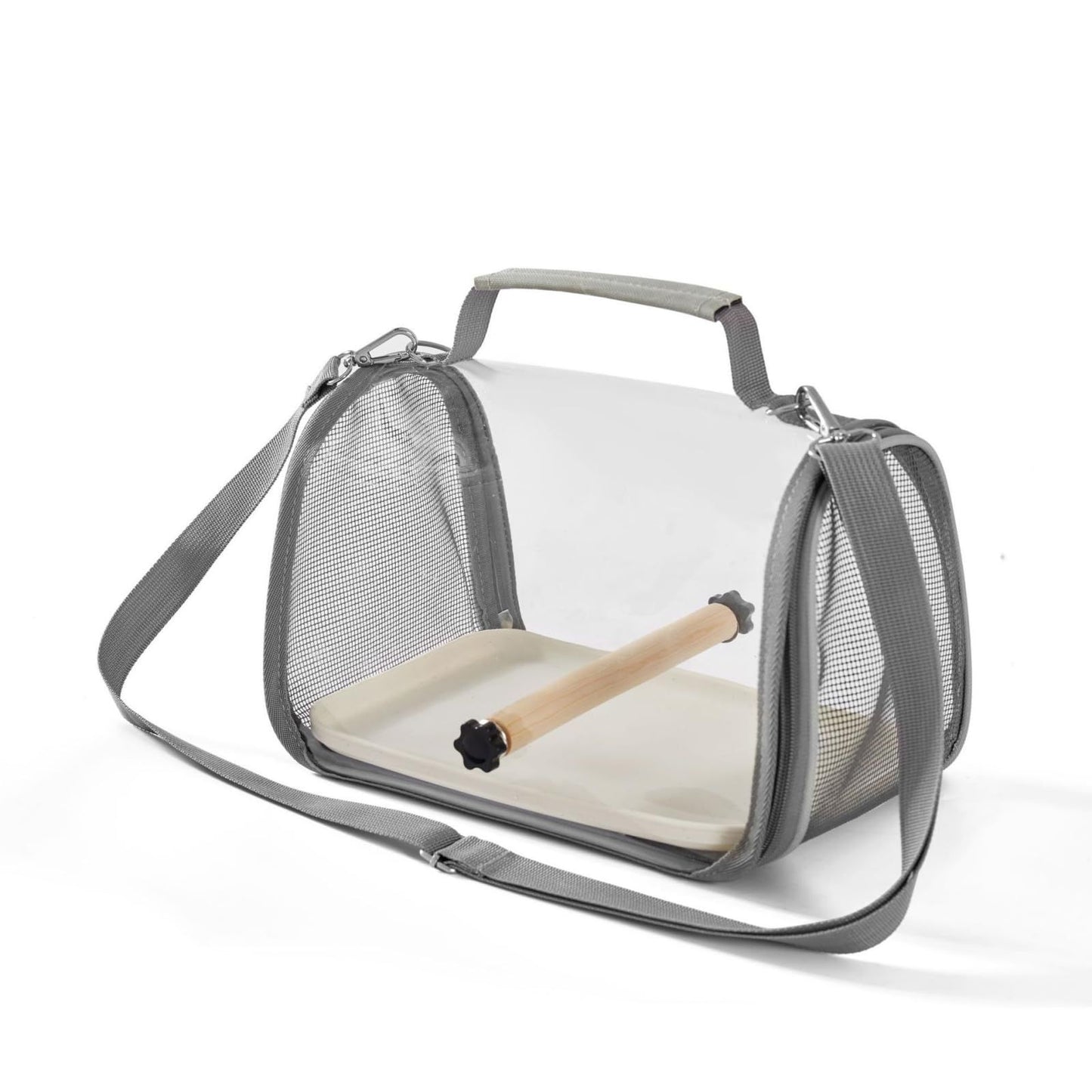 Long tailed parrot's small bird travel carrier cage, including tray and wooden standing sea bass, with external birdcage, small sun Xuan Feng portable bag(Grey small size)