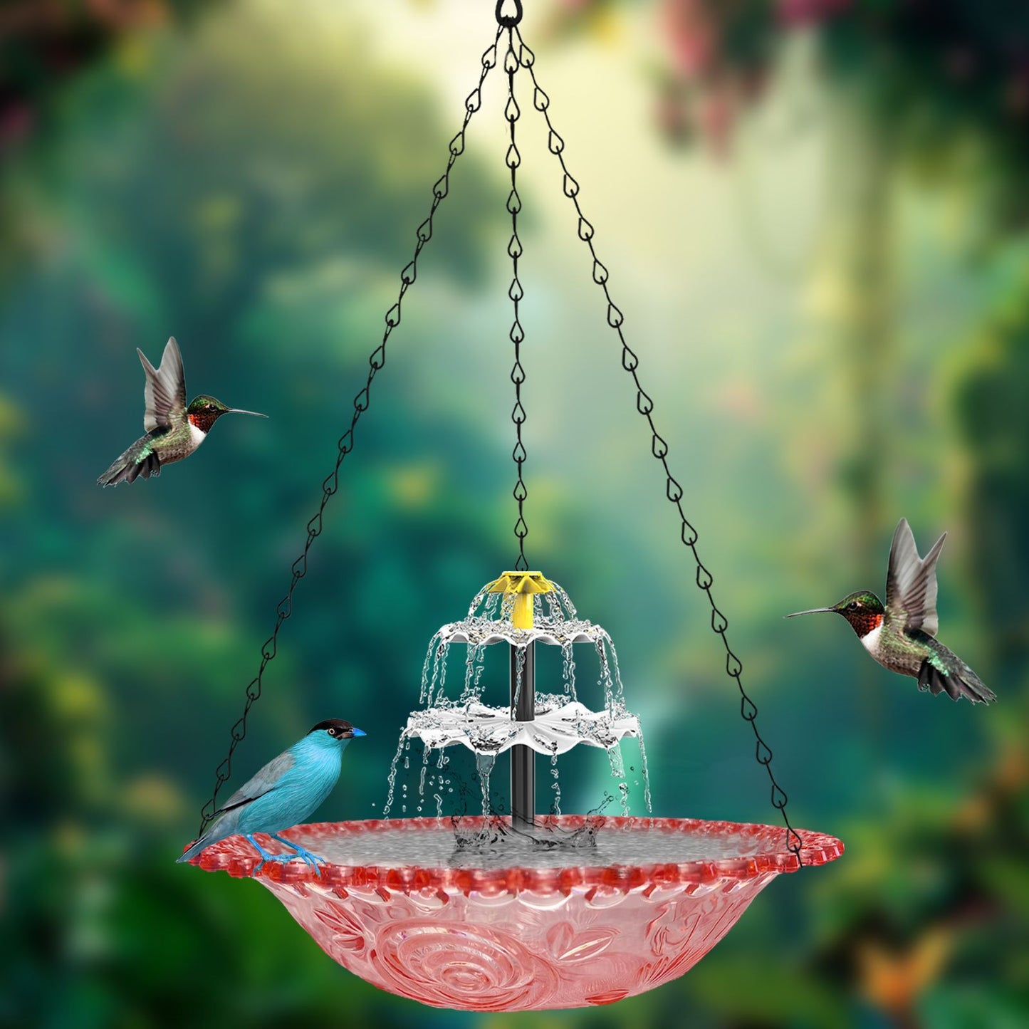 Pink Solar Hanging 3-Layer Cascade Bird Bath Fountain & Wildlife Feeder - 9.25W Bird Bath Bowl with Solar Powered Pump for Outdoor Garden Backyard Patio Lawn"