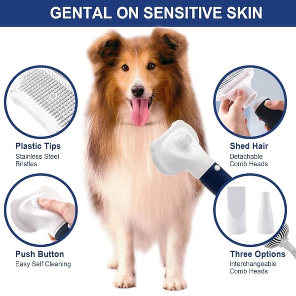 Pet Hair Dryer 3-in-1 with Brush, Portable Quiet Dog Cat Grooming Tool, 3 Heat Settings Overheat Protection, Blue