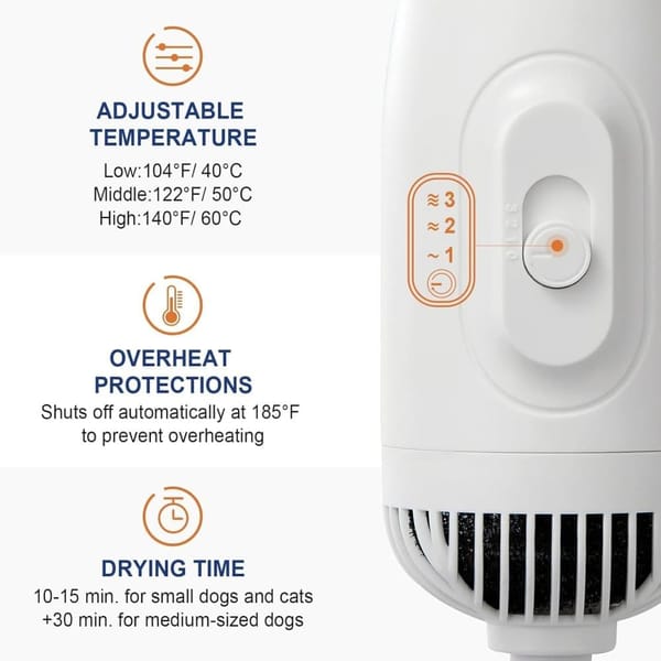 Pet Hair Dryer 3-in-1 with Brush, Portable Quiet Dog Cat Grooming Tool, 3 Heat Settings Overheat Protection, Blue