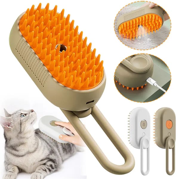 2 Piece Pet Steam Brush Set 3 in 1 Electric Spray Hair Removal Comb, White and Brown, USB