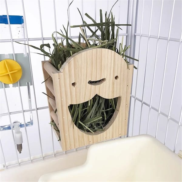 Rabbit Hay Feeder Rack Wood Grass Holder Less Wasted Hay Box Food Feeding Manger Hanging Hay Dispenser for Bunny Chinchilla Guinea Pigs Small Animals（Smiling Grass Frame）
