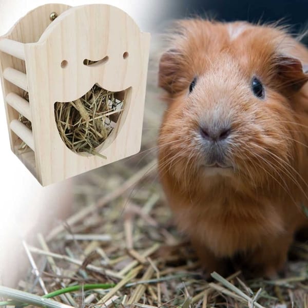 Rabbit Hay Feeder Rack Wood Grass Holder Less Wasted Hay Box Food Feeding Manger Hanging Hay Dispenser for Bunny Chinchilla Guinea Pigs Small Animals（Smiling Grass Frame）