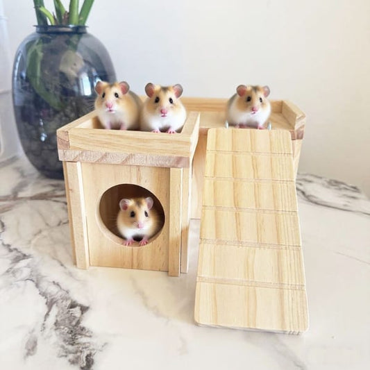 Wooden Hamster Hideout Hamster Wood House with Ladder Hides Platform Decor Detachable Small Animals Cage Accessories for Rat Gerbils and Other Small Pets