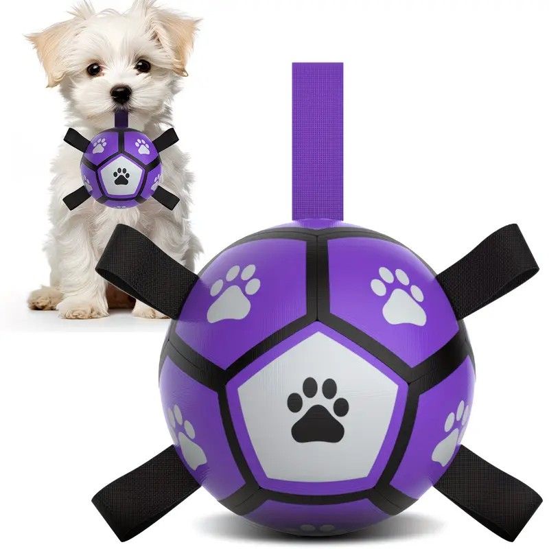 Dog Ball Toy Soccer Ball with Webbing Strap, Indoor and Outdoor Interactive Tug-of-War, Purple and Black Soccer Ball, Pet Toy for Large, Medium, and Small Dogs (Includes Air Pump)