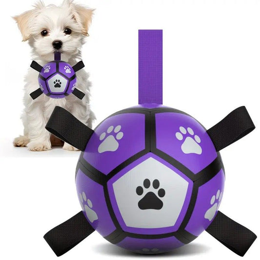 Dog Ball Toy Soccer Ball with Webbing Strap, Indoor and Outdoor Interactive Tug-of-War, Purple and Black Soccer Ball, Pet Toy for Large, Medium, and Small Dogs (Includes Air Pump)
