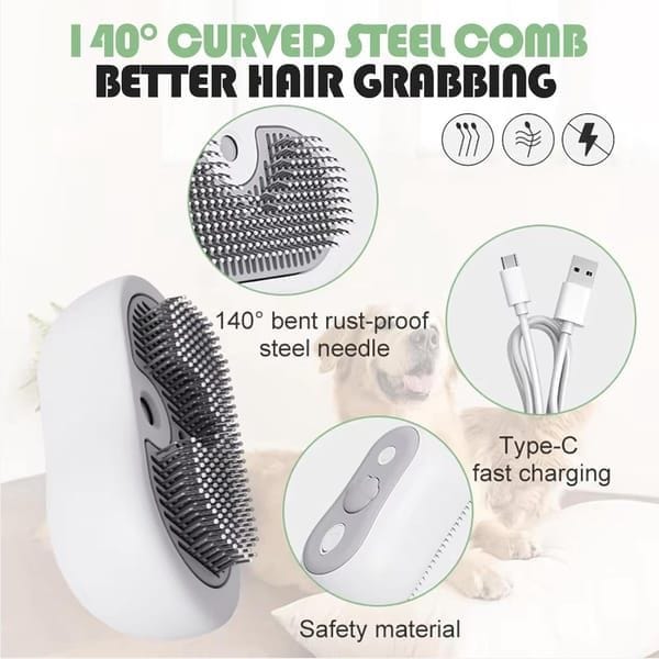 3 in 1 Steam Cat Brush, USB Rechargeable Pet Steaming Grooming Brush with Water Tank & Release Button, Self-Cleaning Massage Hair Remover Comb for Long Short Haired Dogs and Cats